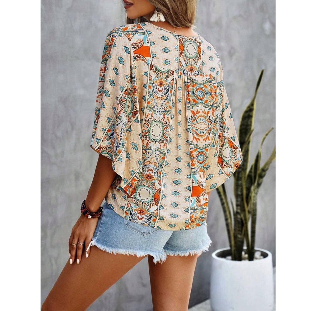 Printed Beige Multicolor Batwing Sleeve V-Neck Blouse Top - Picture 9 of 11